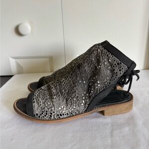 MUSSE & CLOUD Aineed Eyelet Grey/Black  Lace And Leather Sandals 6.5/37  SPAIN